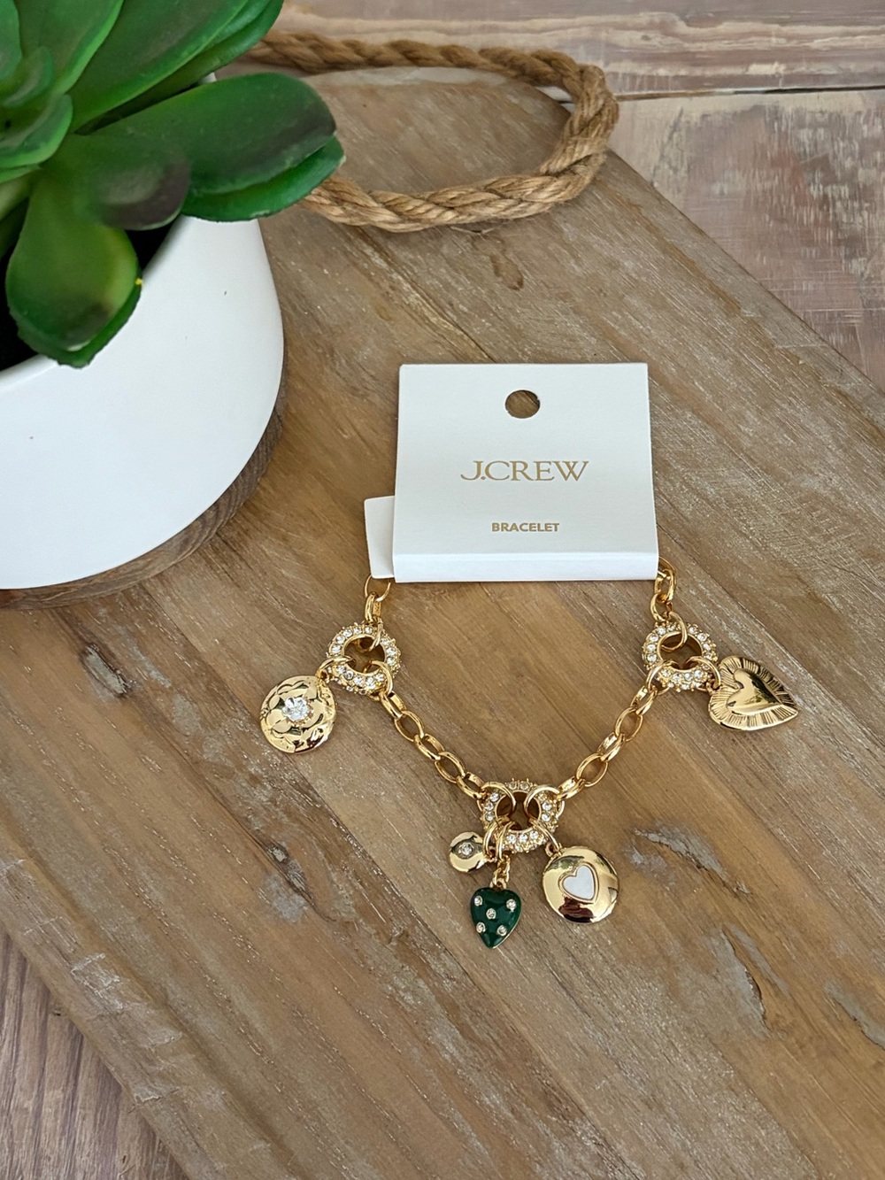 J. Crew Gold-Tone Charm Bracelet with Heart and Dangle Charms 🆕